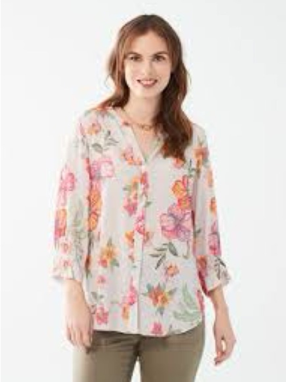 Women’s White Floral Button-Down Shirt with Pink & Orange Blooms